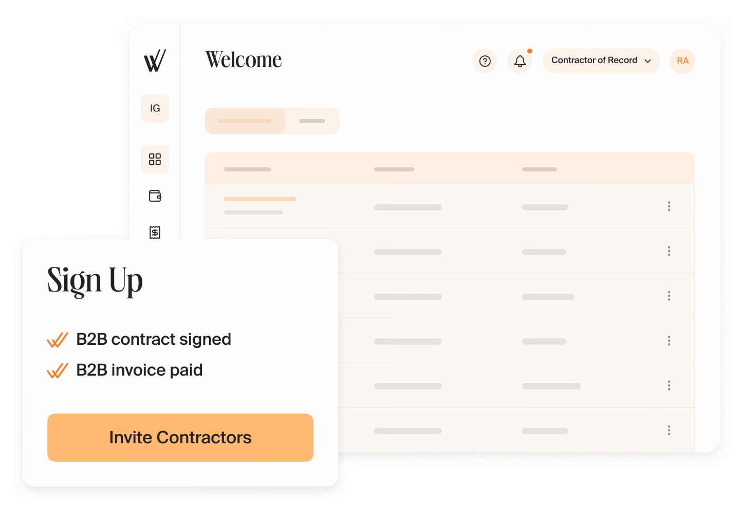 Mellow dashboard with a Sign Up card: B2B contract signed, B2B invoice paid and an Invite Contractors button