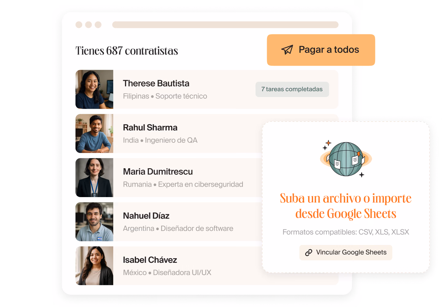 Panel de Mellow con 687 contratistas, el botón “Pagar a todos” y una tarjeta para subir un archivo o importar desde Google Sheets