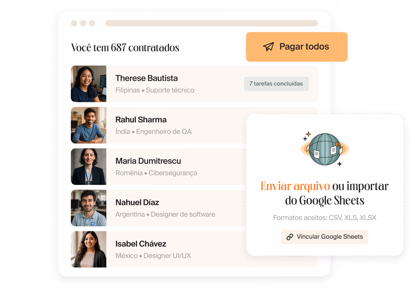Painel da Mellow com 687 contratados, o botão “Pagar todos” e um cartão para enviar um arquivo ou importar do Google Sheets