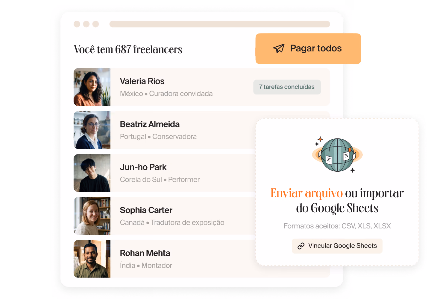 Painel da Mellow com 687 freelancers, entre eles uma curadora convidada, uma conservadora e um performer, com o botão “Pagar todos” e um cartão para enviar um arquivo ou importar do Google Sheets