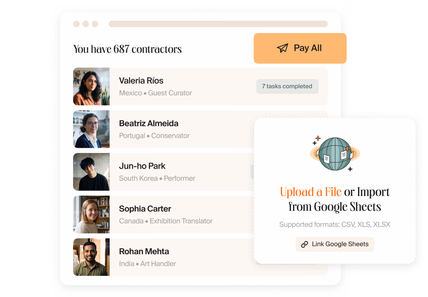 Mellow dashboard listing 687 contractors, among them a guest curator, a conservator and a performer, with a “Pay All” button and a card for uploading a file or importing from Google Sheets