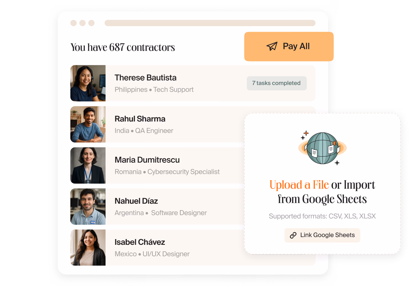 Mellow dashboard listing 687 contractors with a “Pay All” button and a card for importing a contractor list from a file or Google Sheets