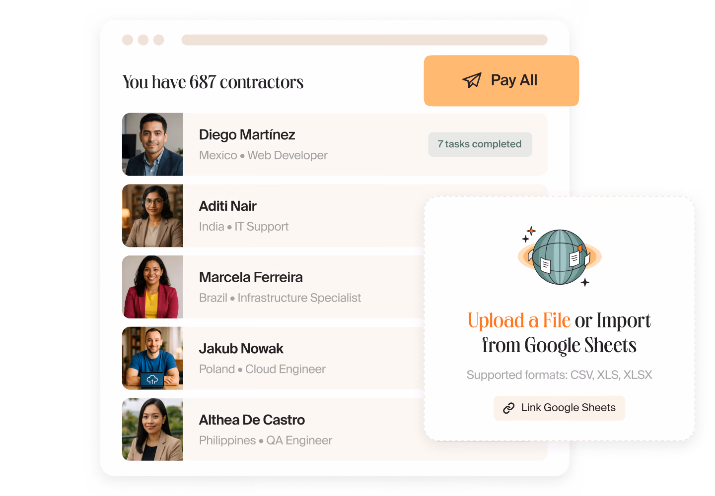 Mellow dashboard listing 687 contractors with a “Pay All” button and a card for importing a contractor list from a file or Google Sheets