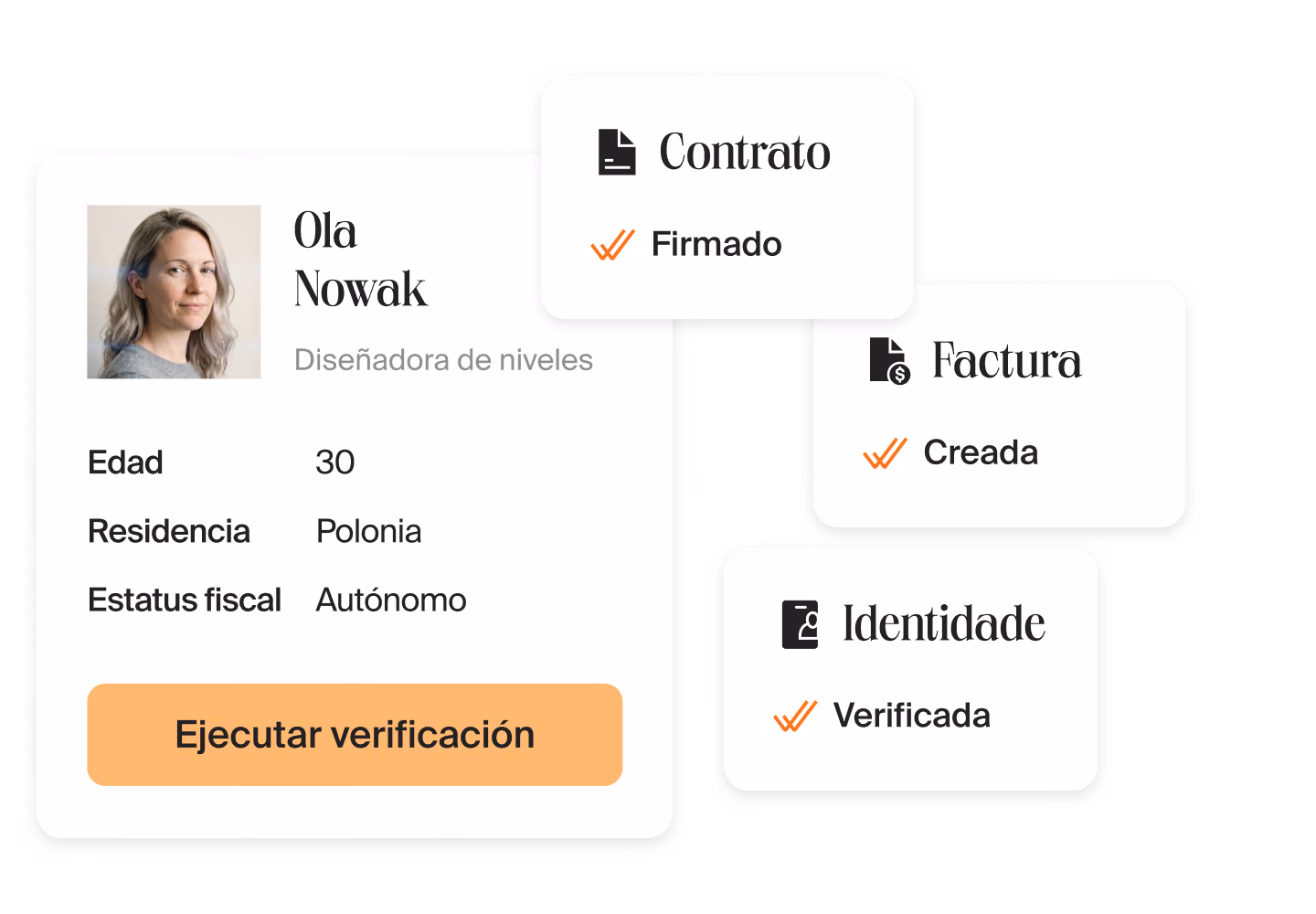 Perfil de una diseñadora de niveles en Mellow con el botón “Ejecutar verificación” junto a las tarjetas de contrato firmado, factura creada e identidad verificada