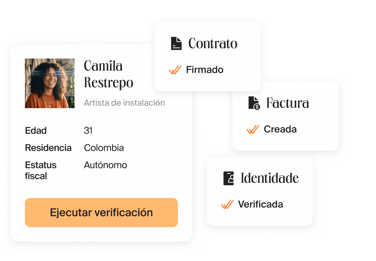 Perfil de una artista de instalación de Colombia en Mellow con el botón “Ejecutar verificación” junto a las tarjetas de contrato firmado, factura creada e identidad verificada