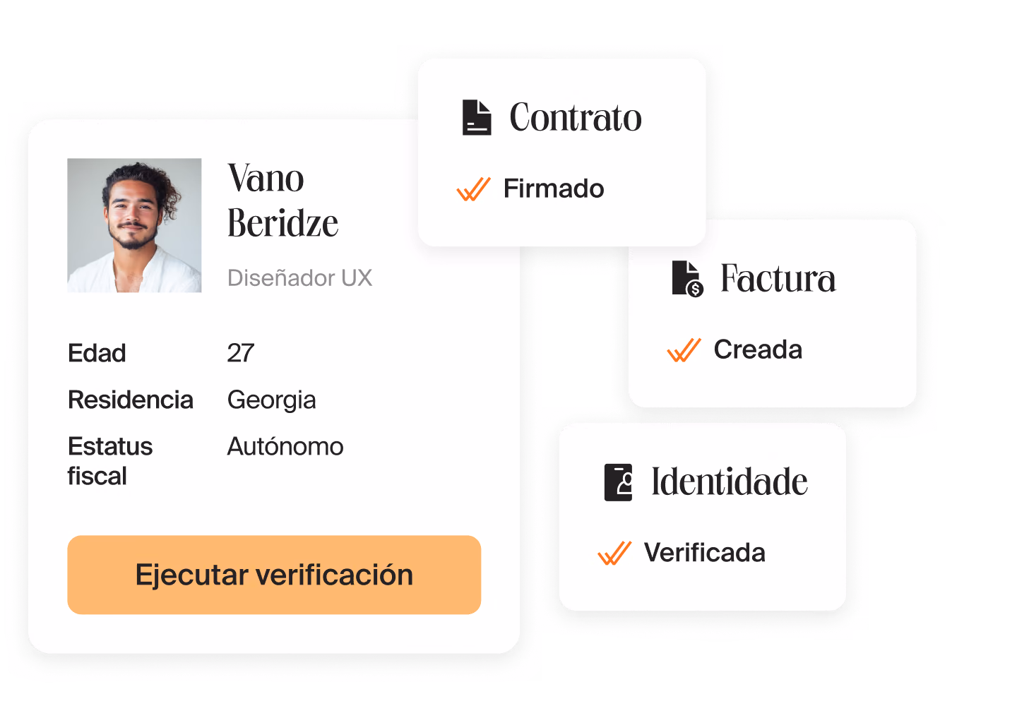 Perfil de un diseñador UX en Mellow con el botón “Ejecutar verificación” junto a las tarjetas de contrato firmado, factura creada e identidad verificada