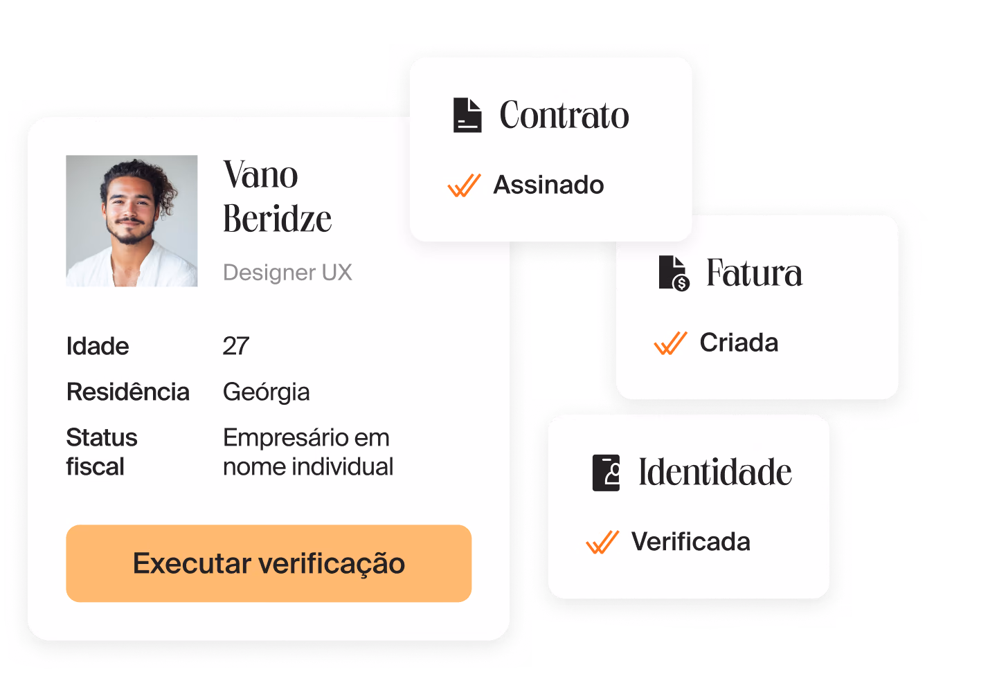Perfil de um designer UX na Mellow com o botão “Executar verificação” ao lado dos cartões de contrato assinado, fatura criada e identidade verificada