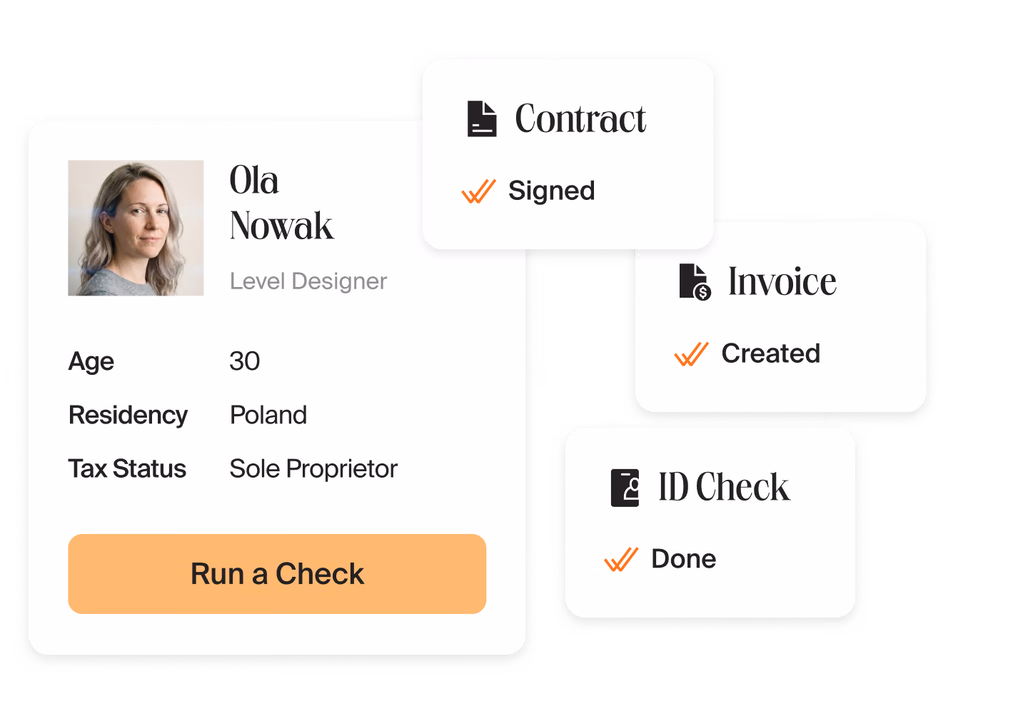 Contractor profile of a level designer in Mellow with a “Run a Check” button next to cards for a signed contract, a created invoice and a passed ID check