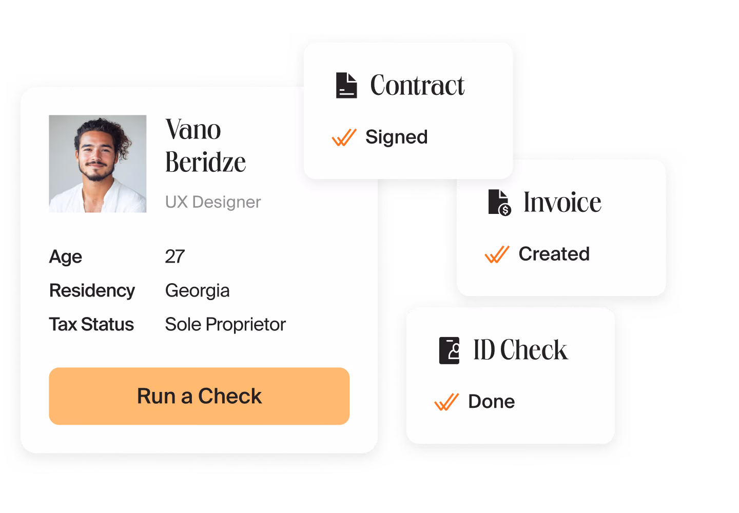Contractor profile of a UX designer in Mellow with a “Run a Check” button next to cards for a signed contract, a created invoice and a passed ID check