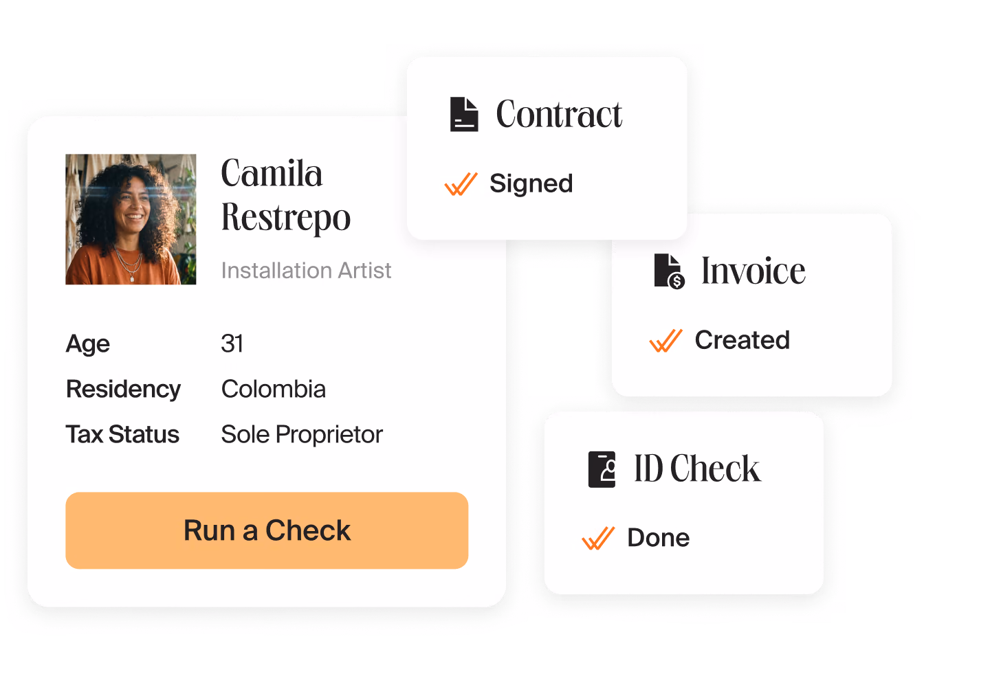 Contractor profile of an installation artist from Colombia in Mellow with a “Run a Check” button next to cards for a signed contract, a created invoice and a passed ID check