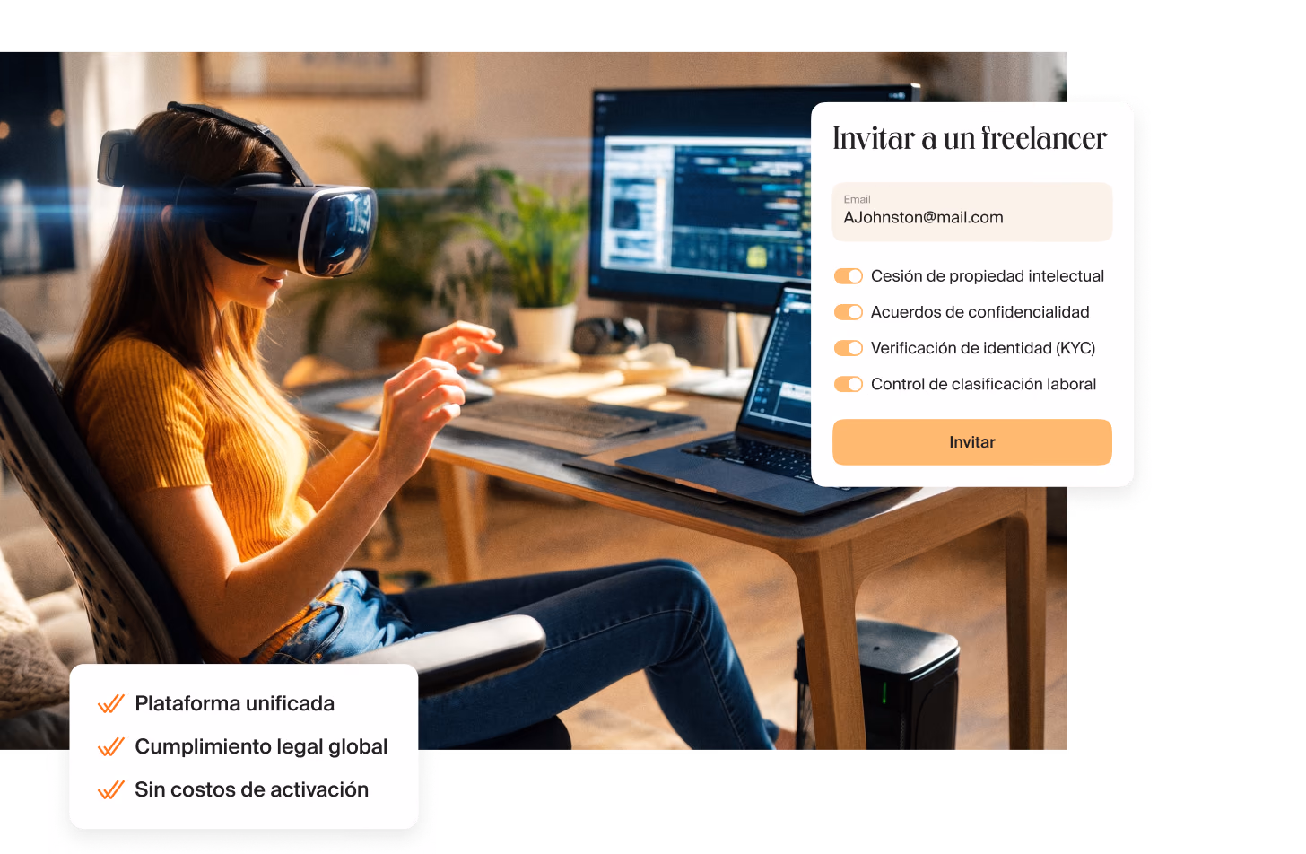 Mujer con gafas de realidad virtual en un escritorio con código en los monitores, junto a una tarjeta con tres puntos: plataforma unificada, cumplimiento legal global, sin costos de activación