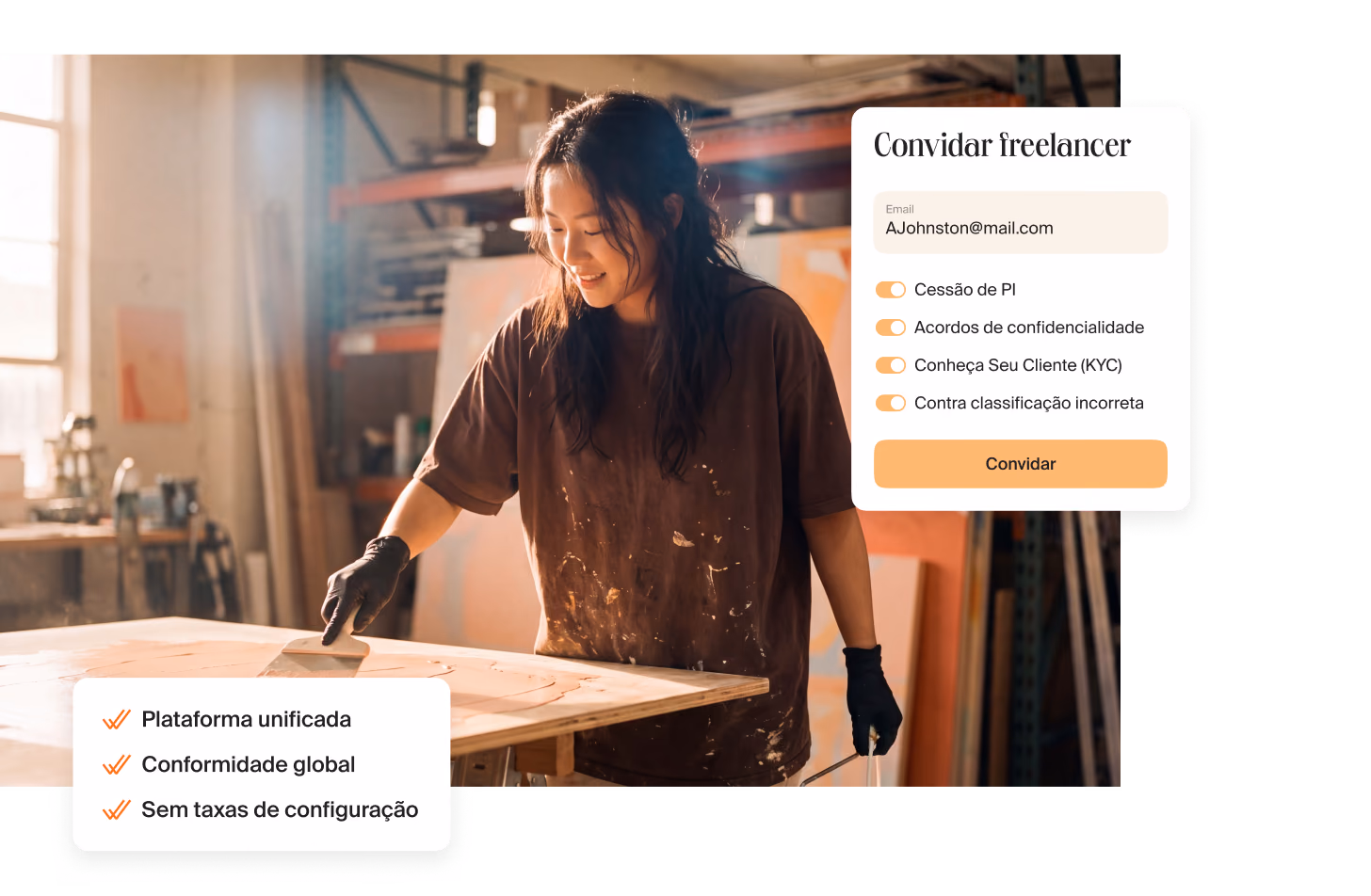 Artista de luvas e camiseta manchada de tinta sorri enquanto trabalha em um painel de madeira no ateliê, ao lado de um cartão com três pontos: plataforma unificada, conformidade global, sem taxas de configuração