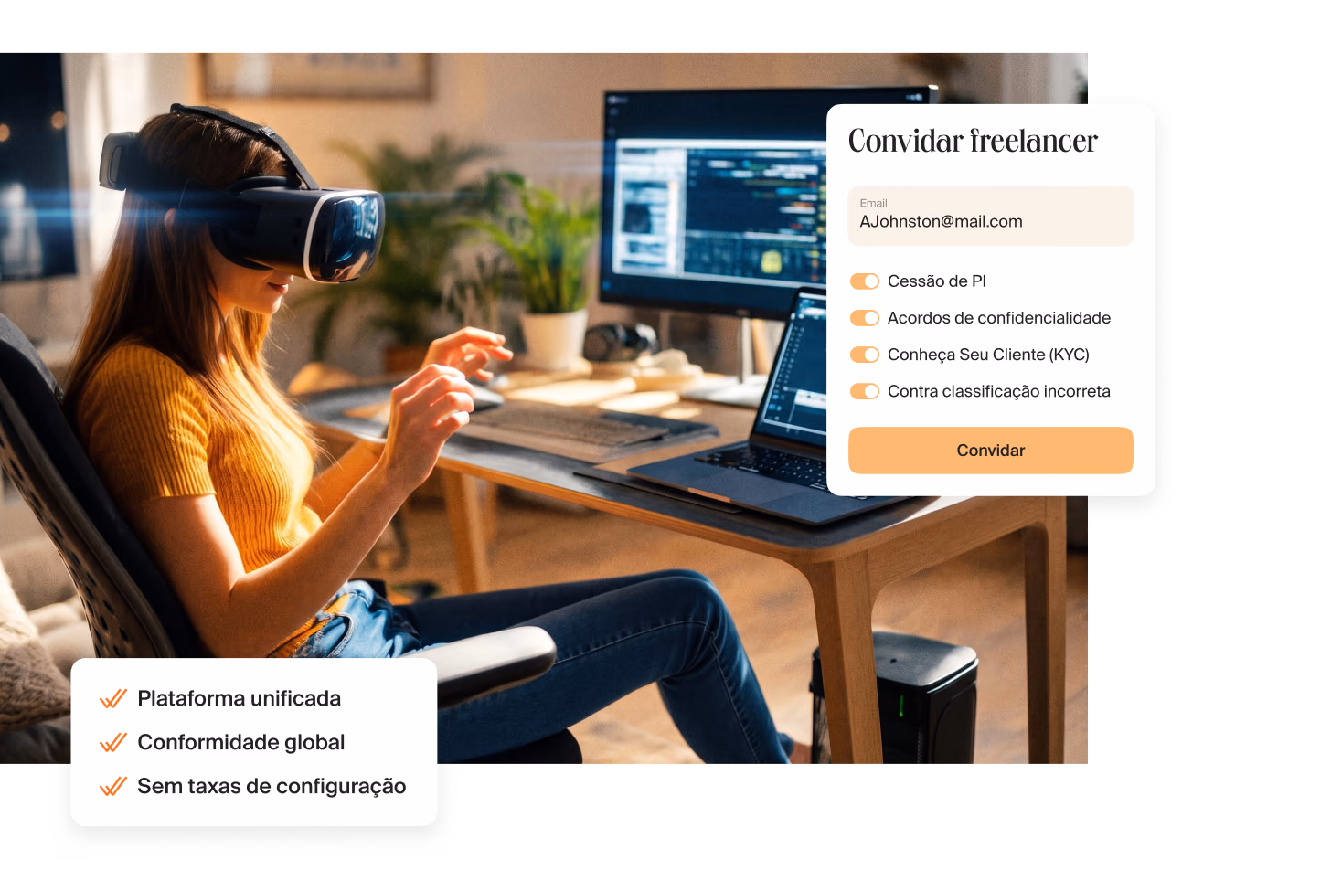 Mulher com óculos de realidade virtual em uma mesa com código nos monitores, ao lado de um cartão com três pontos: plataforma unificada, conformidade global, sem taxas de configuração