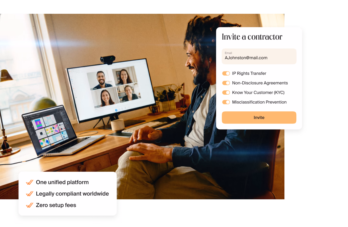 Man at a home office desk smiling at a video call with four colleagues next to a card with three points: one unified platform, legally compliant worldwide, zero setup fees