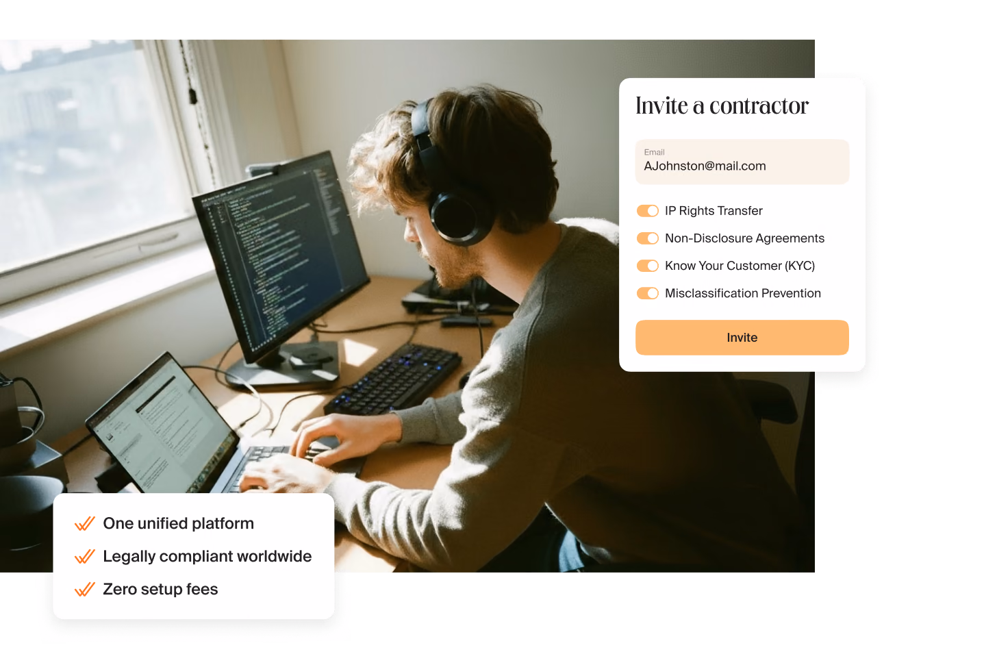 Developer in headphones writing code at a desk with two monitors, next to a card with three points: one unified platform, legally compliant worldwide, zero setup fees