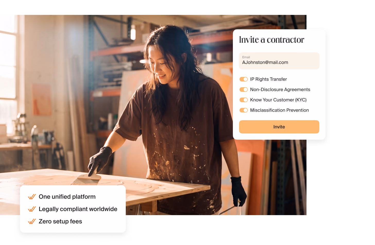 Artist in gloves and a paint-stained T-shirt smiling as she works on a wooden panel in a studio, next to a card with three points: one unified platform, legally compliant worldwide, zero setup fees