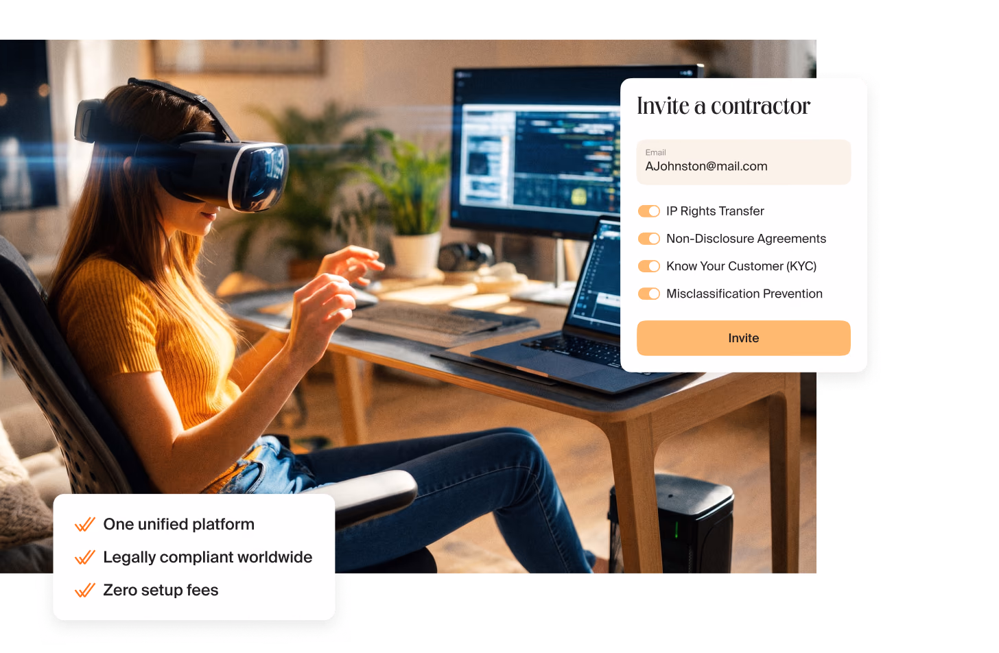 Woman in a VR headset at a desk with code on the monitors, next to a card with three points: one unified platform, legally compliant worldwide, zero setup fees