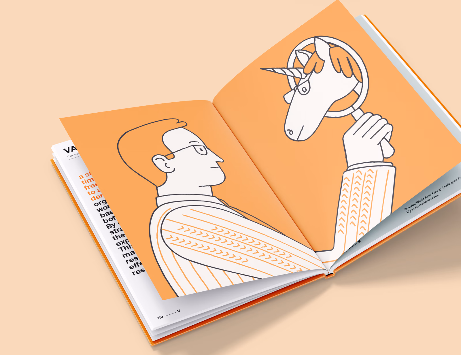 An open spread of the book with a man studying a unicorn through a magnifying glass