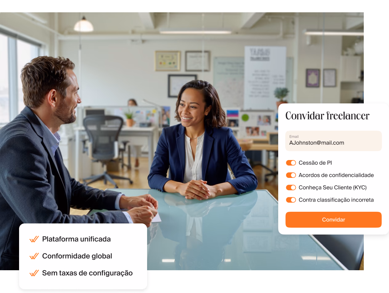 Um homem e uma mulher conversando a uma mesa de vidro no escritório, ao lado de um cartão com três pontos: plataforma unificada, conformidade global, sem taxas de configuração