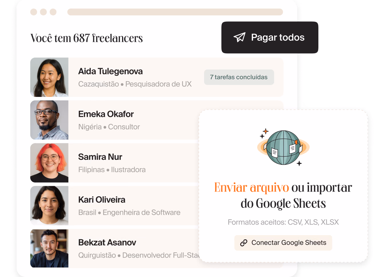 Lista de freelancers na Mellow com o botão Pagar todos e um cartão para enviar arquivo ou importar do Google Sheets