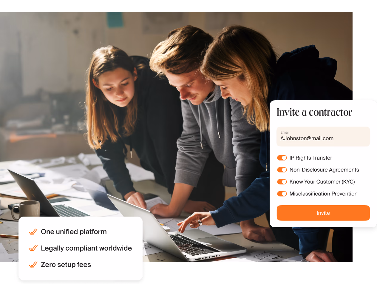 Three colleagues working together at a laptop next to a card with three points: one unified platform, legally compliant worldwide, zero setup fees