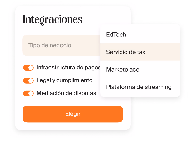 Formulario de integraciones con tipo de negocio e interruptores de infraestructura de pagos, legal y cumplimiento, mediación de disputas