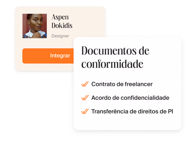 Cartão Documentos de conformidade: contrato de freelancer, acordo de confidencialidade e transferência de direitos de PI
