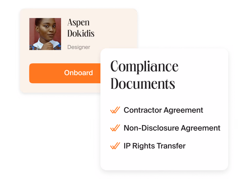 Compliance Documents card listing Contractor Agreement, Non-Disclosure Agreement and IP Rights Transfer