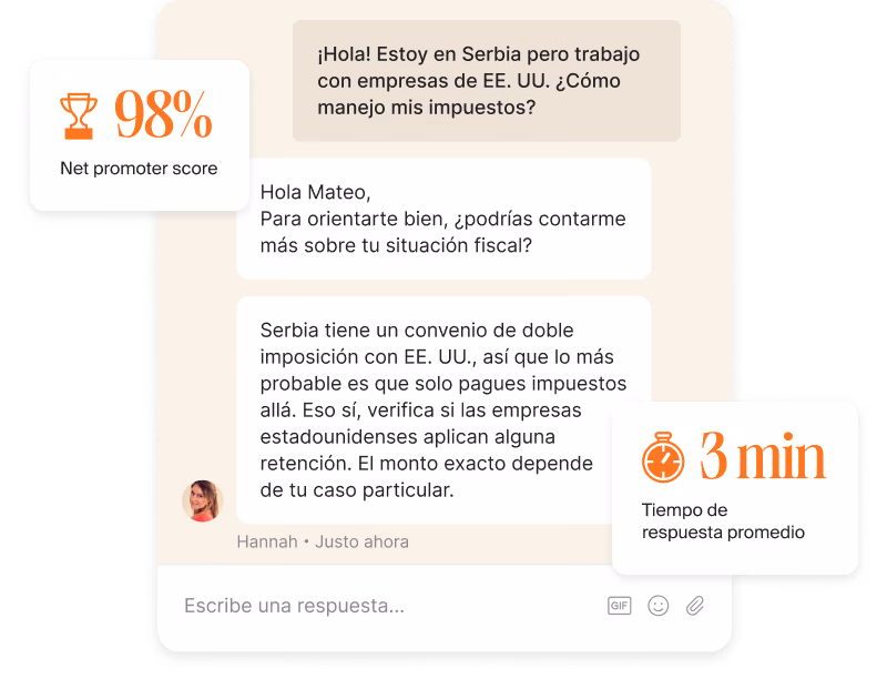 Chat de soporte responde una duda fiscal de un contratista, con un NPS del 98% y un tiempo de respuesta promedio de 3 minutos