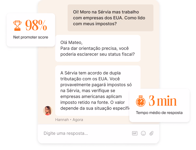 Chat de suporte responde a uma dúvida fiscal de um freelancer, com NPS de 98% e tempo médio de resposta de 3 minutos