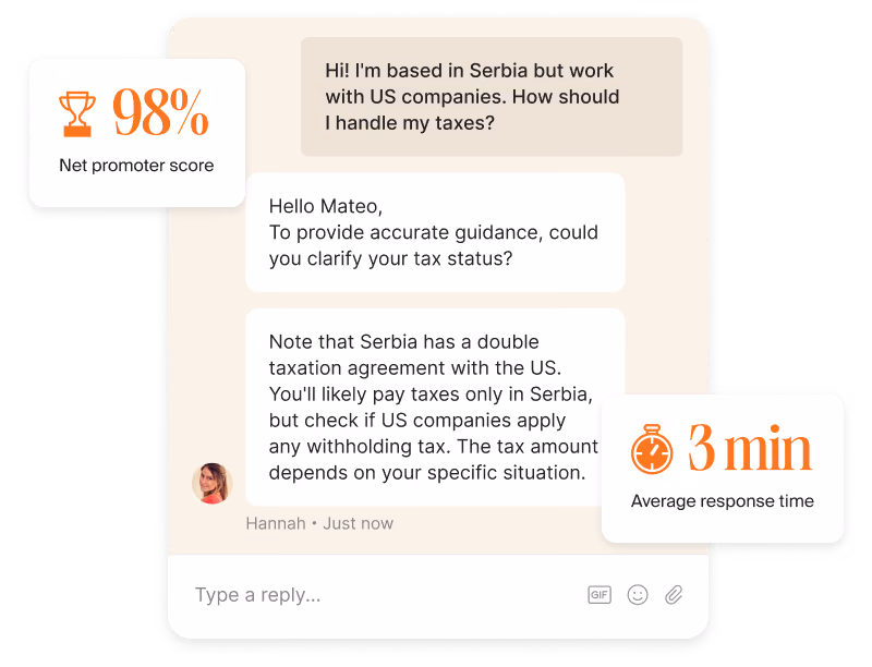 Support chat answering a contractor tax question, with a 98% net promoter score and 3 min average response time