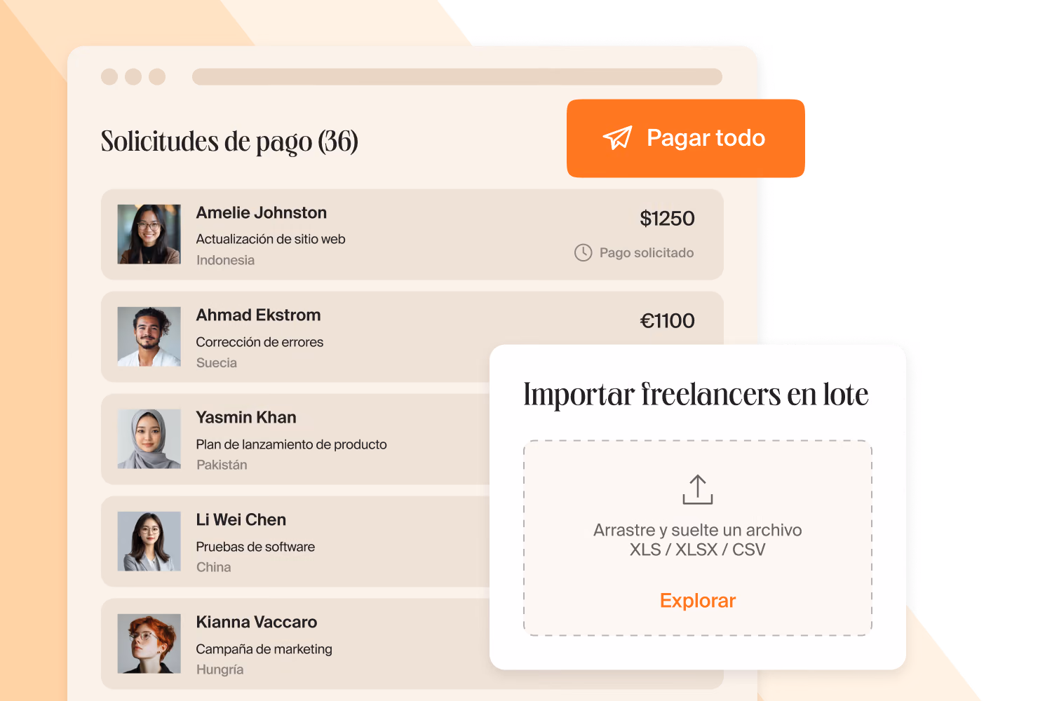 Lista de solicitudes de pago con el botón Pagar todo y una tarjeta para importar freelancers en lote desde XLS, XLSX o CSV