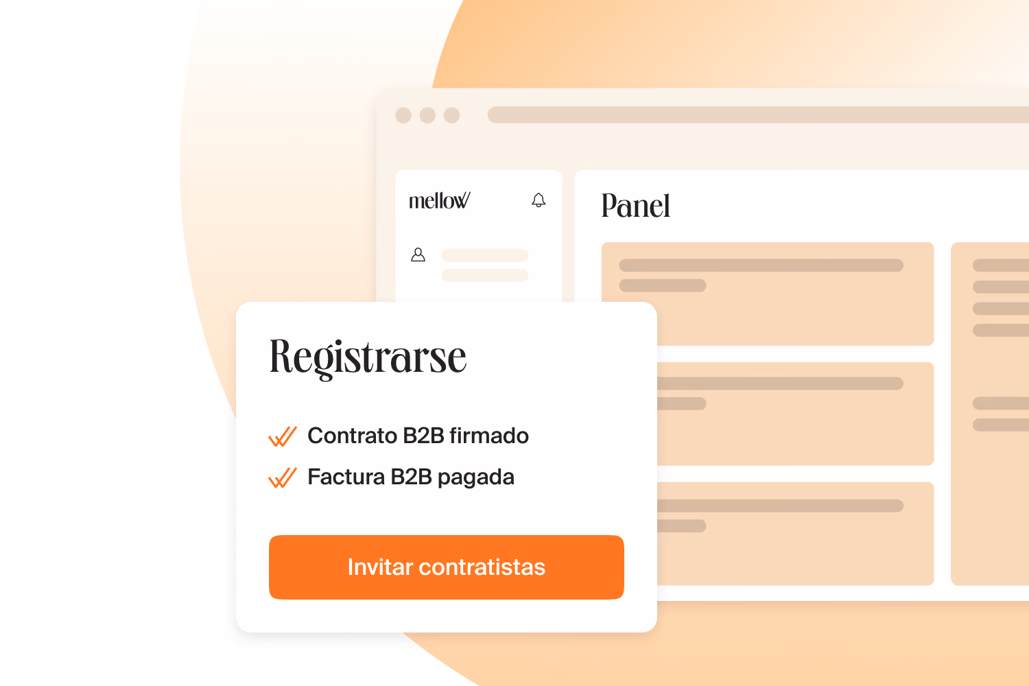 Panel de Mellow con la tarjeta Registrarse: contrato B2B firmado, factura B2B pagada y el botón Invitar contratistas