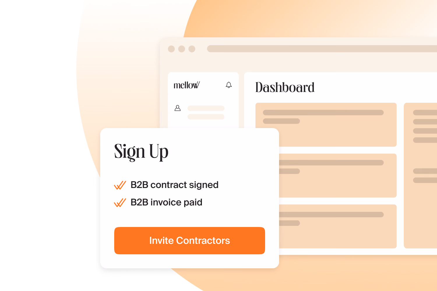 Mellow dashboard with a Sign Up card: B2B contract signed, B2B invoice paid and an Invite Contractors button