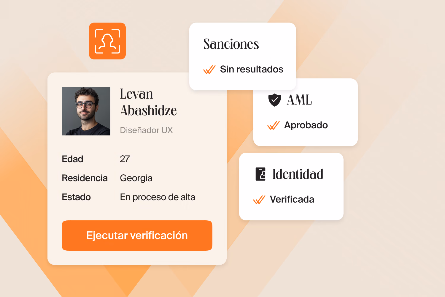 Perfil de un contratista con el botón Ejecutar verificación junto a los controles superados: sanciones, AML e identidad