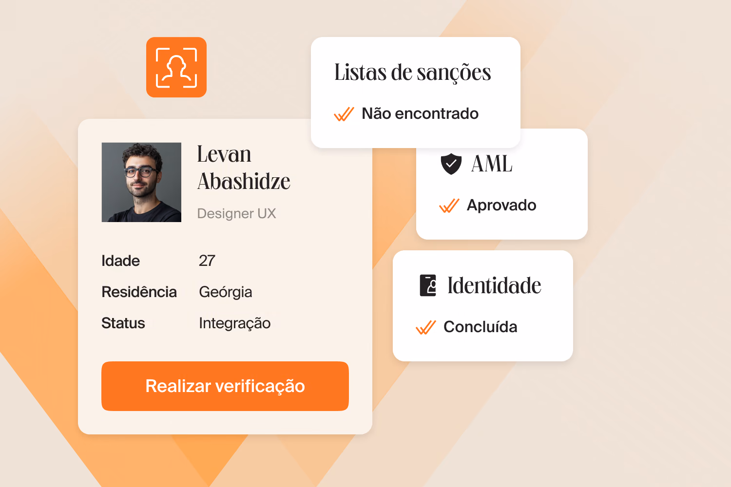 Perfil de um freelancer com o botão Realizar verificação ao lado das checagens aprovadas: sanções, AML e identidade