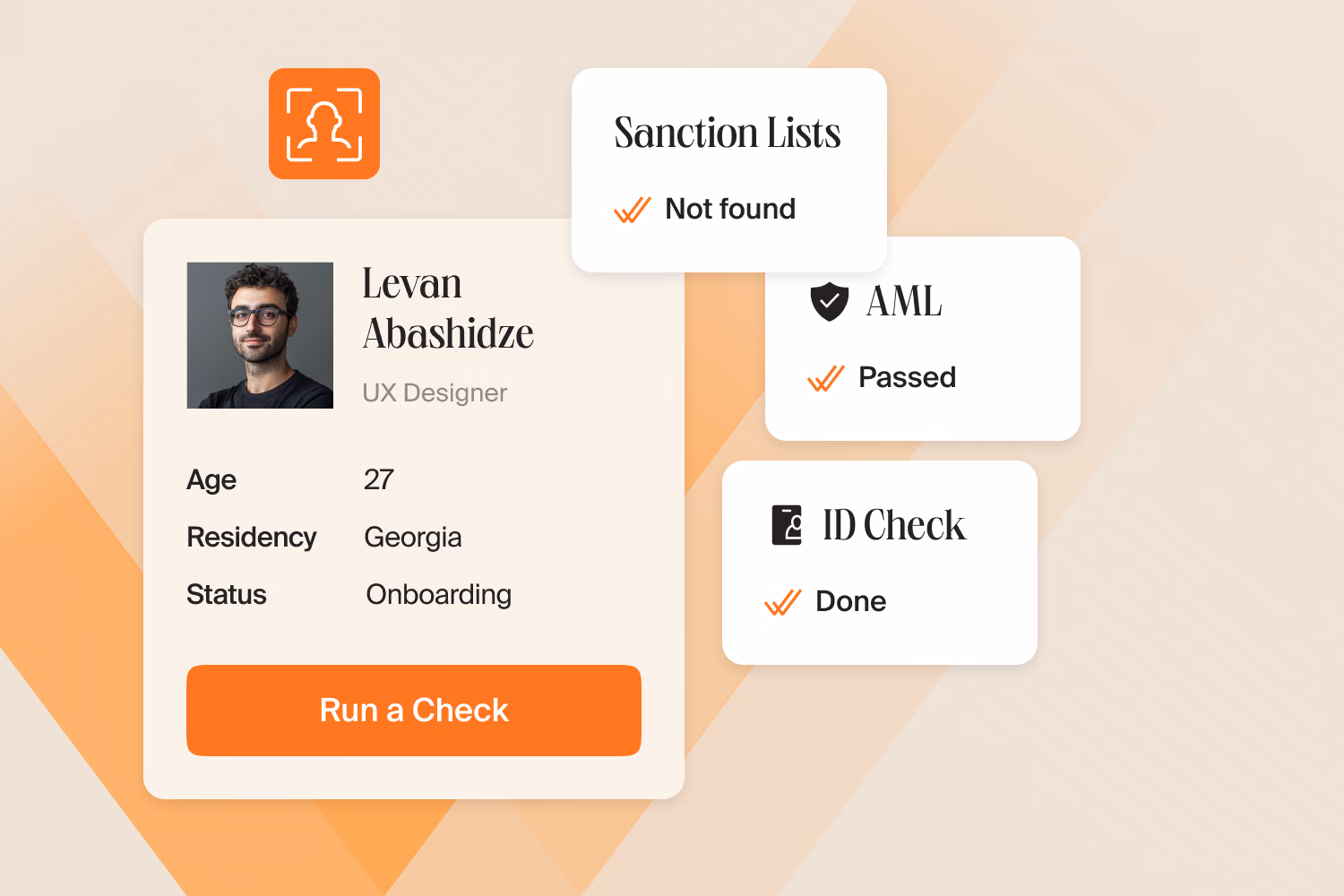 Contractor profile with a Run a Check button next to passed Sanction Lists, AML and ID Check results