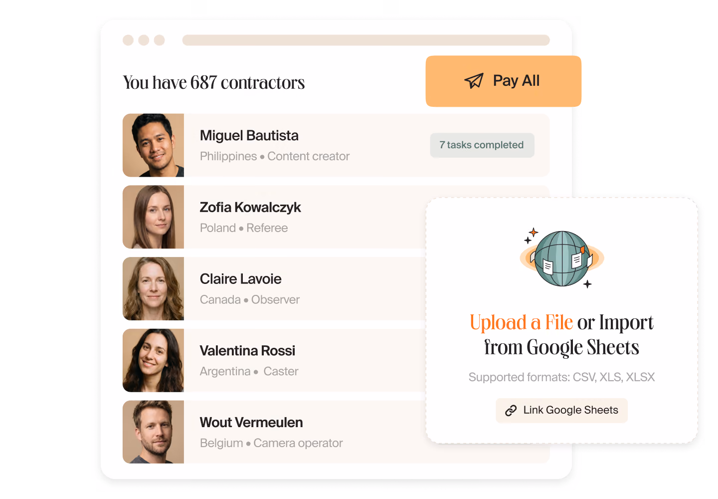 Mellow dashboard listing 687 contractors with a “Pay All” button and a card for importing a contractor list from a file or Google Sheets