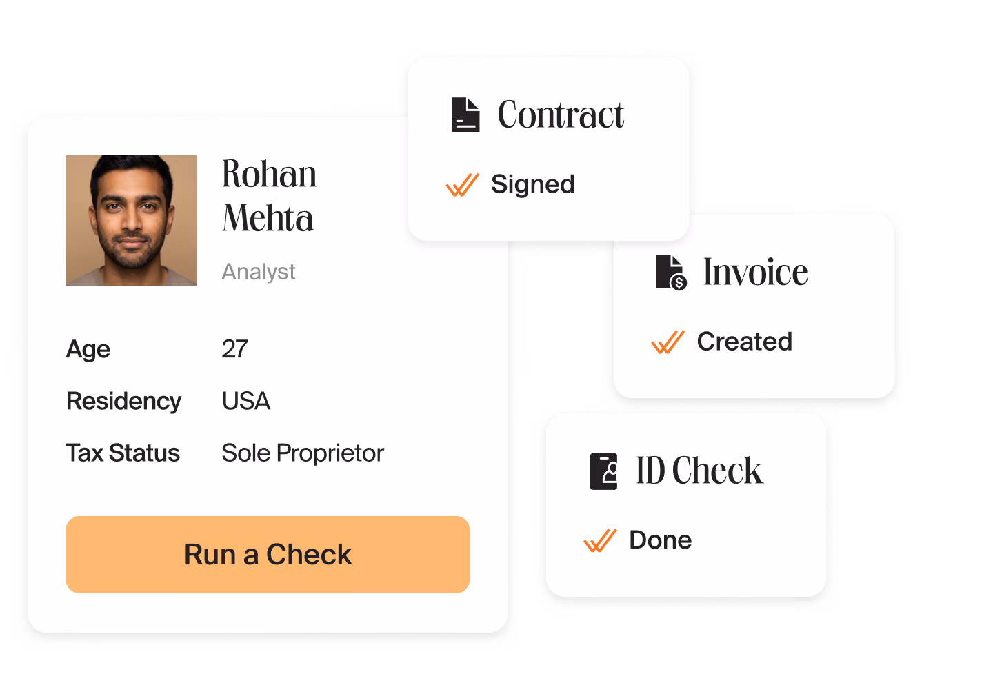Contractor profile of an esports analyst in Mellow with a “Run a Check” button next to cards for a signed contract, a created invoice and a passed ID check