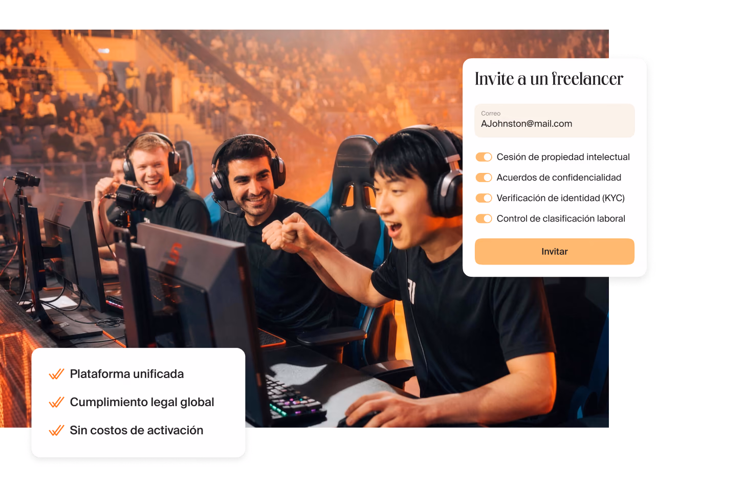 Jugadores de esports con auriculares celebrando en un torneo junto a una tarjeta con tres puntos: plataforma unificada, cumplimiento legal global, sin costos de activación
