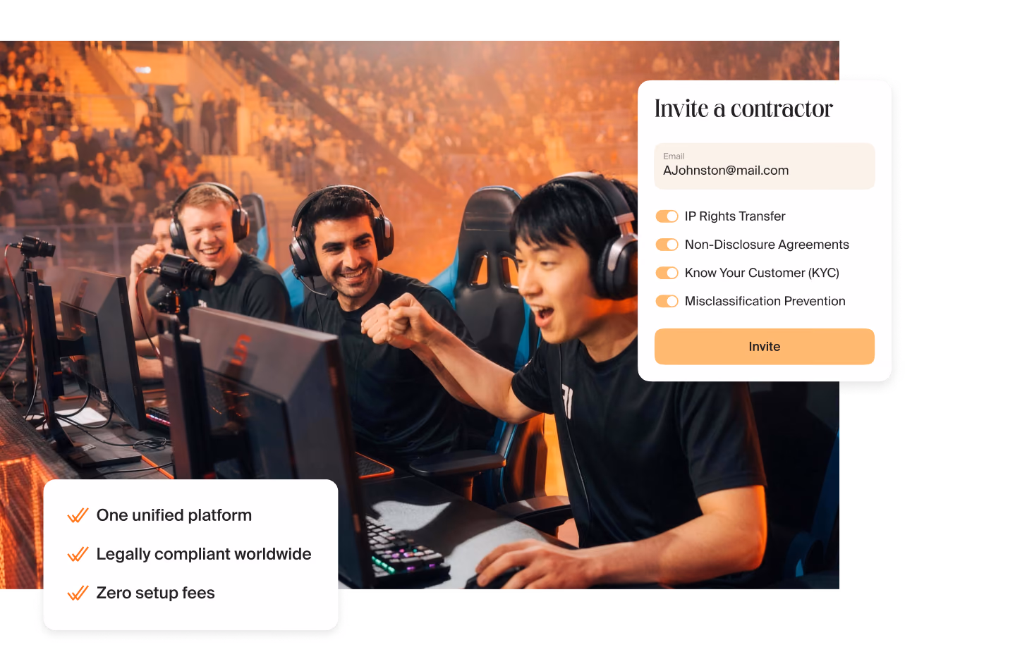 Esports players in headsets celebrating at a tournament next to a card with three points: one unified platform, legally compliant worldwide, zero setup fees