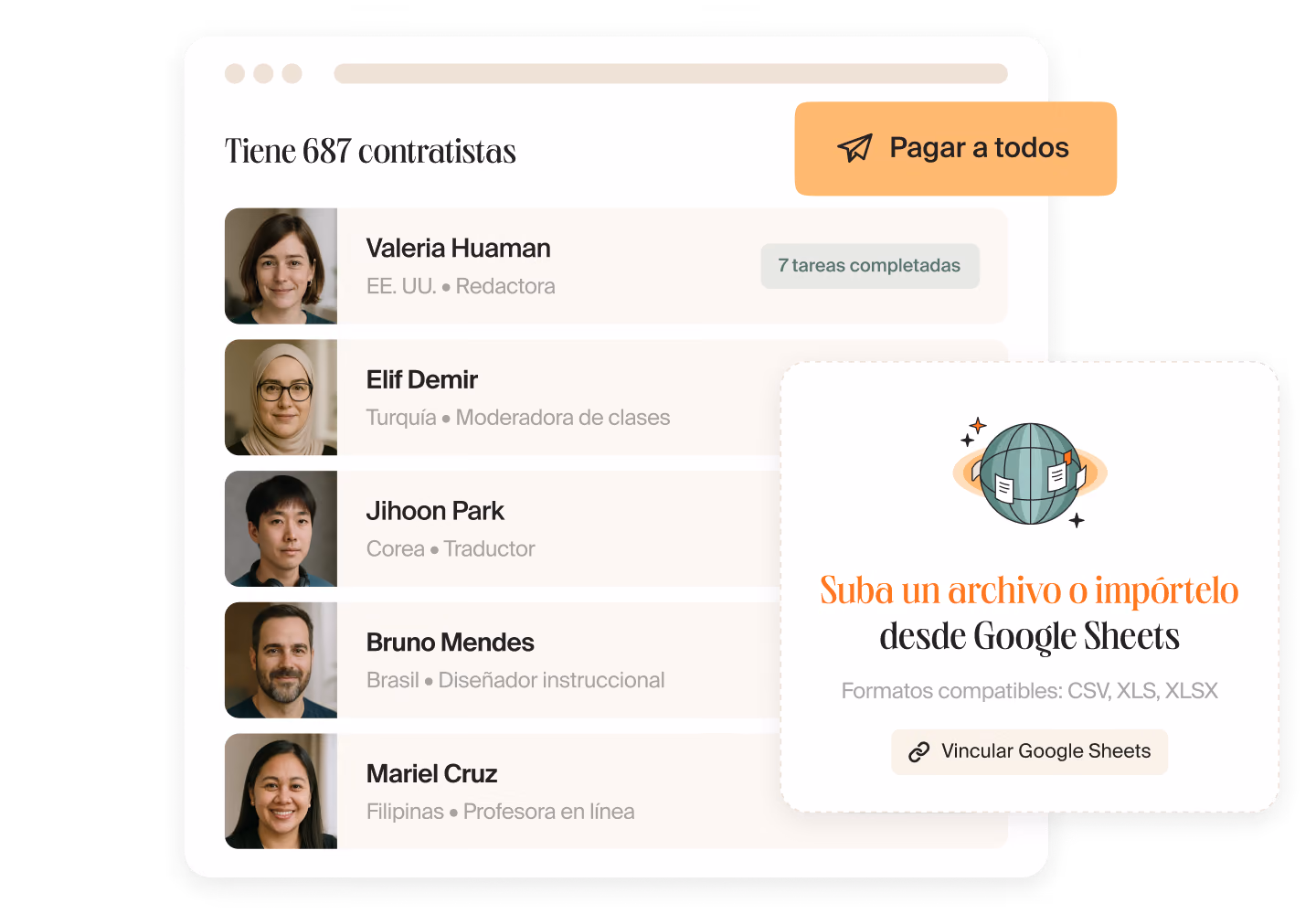 Panel de Mellow con 687 contratistas, un botón “Pagar a todos” y una tarjeta para importar la lista de contratistas desde un archivo o Google Sheets