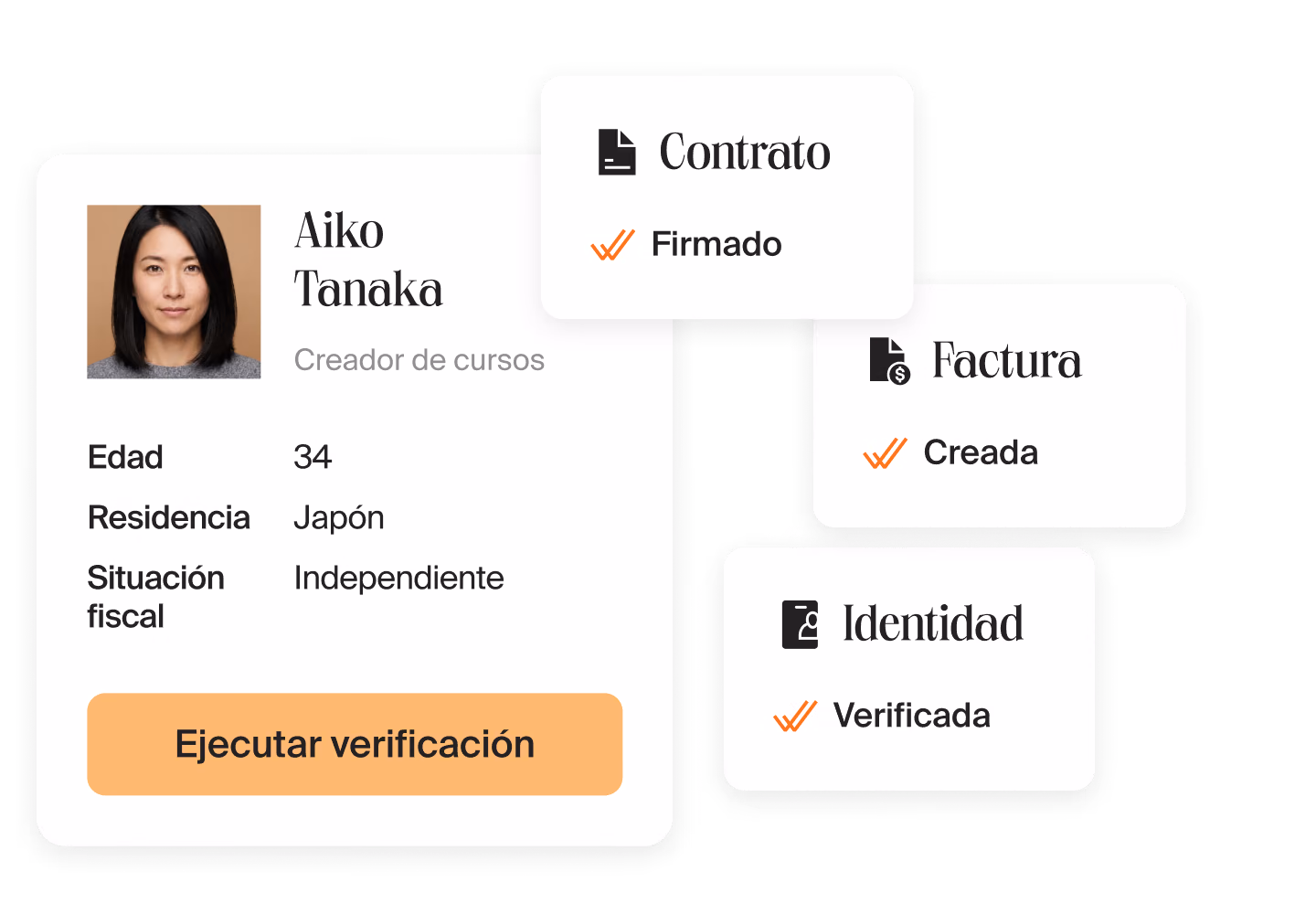 Perfil de una creadora de cursos en Mellow con el botón “Ejecutar verificación” junto a las tarjetas de contrato firmado, factura creada e identidad verificada