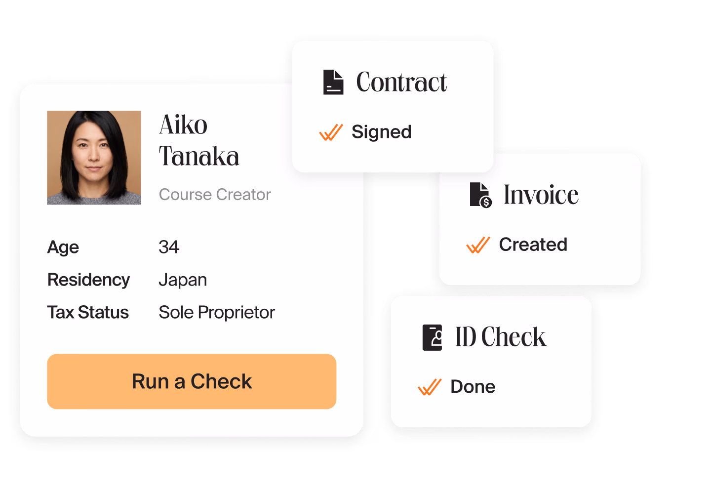 Contractor profile of a course creator in Mellow with a “Run a Check” button next to cards for a signed contract, a created invoice and a passed ID check