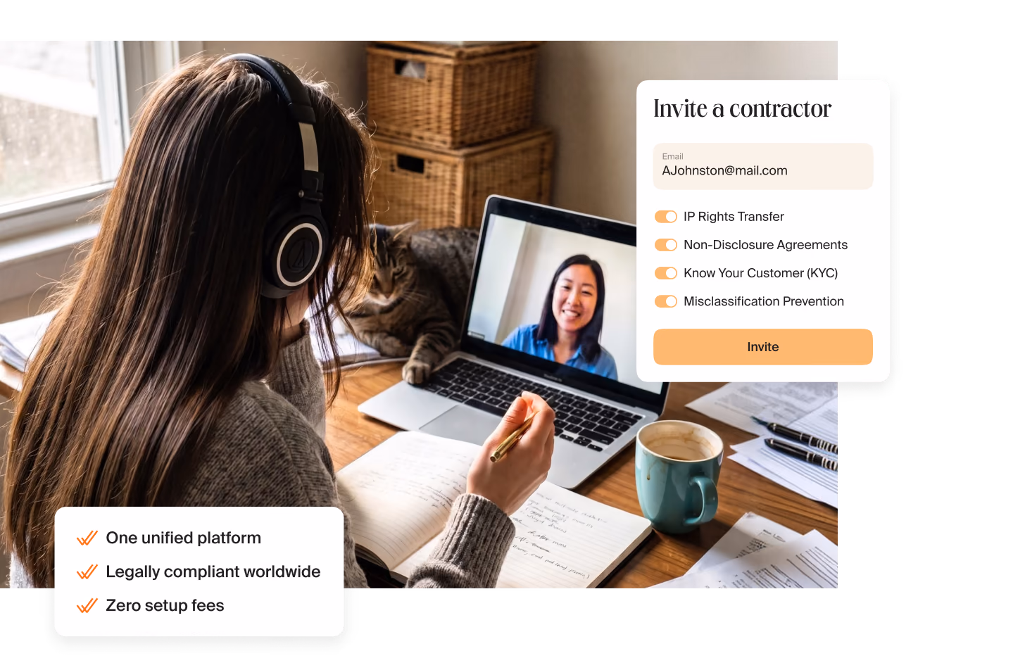 Teacher in headphones on a video call with a student next to a card with three points: one unified platform, legally compliant worldwide, zero setup fees