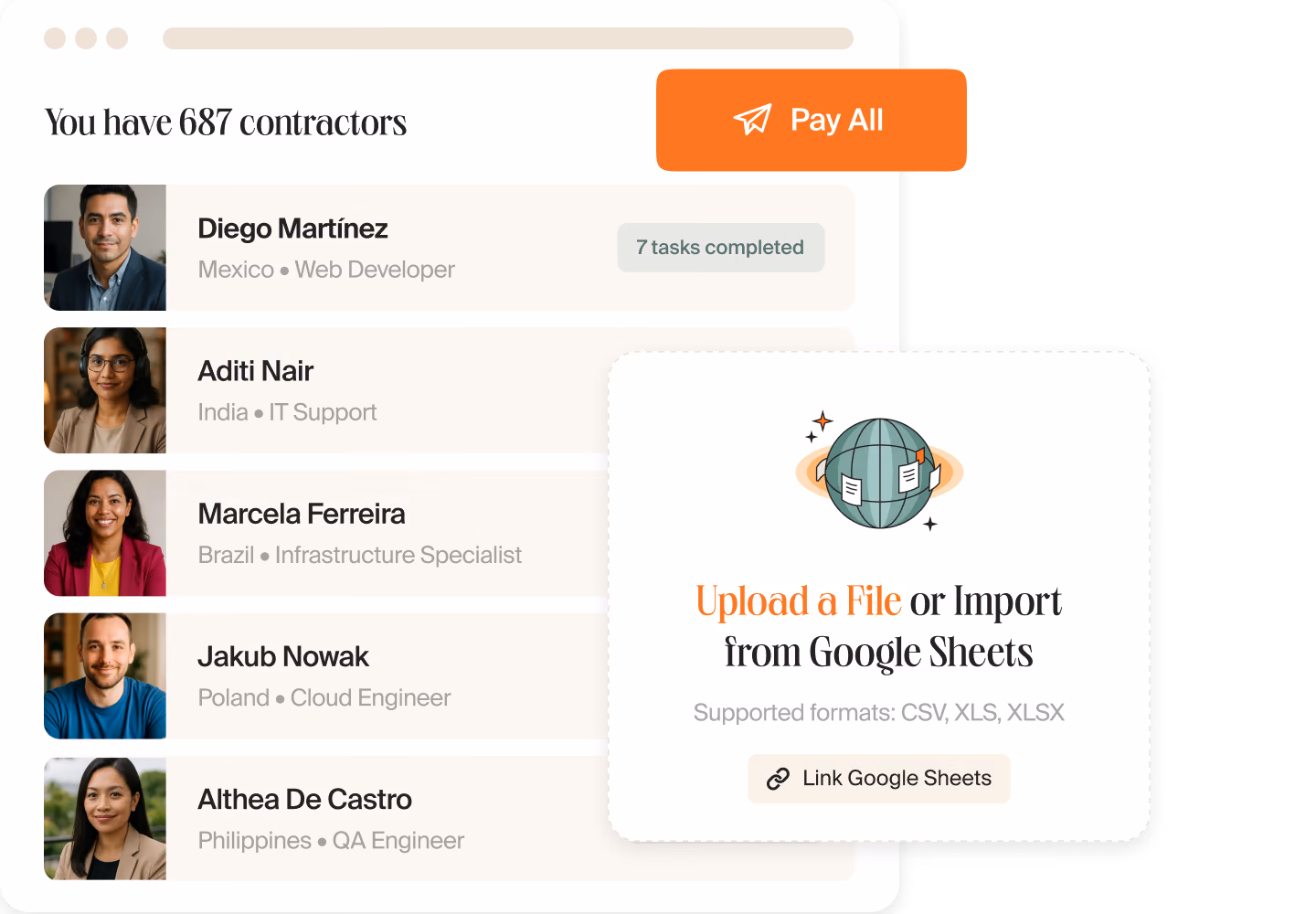 Contractor list with a Pay All button and a card for uploading a payout file from Google Sheets