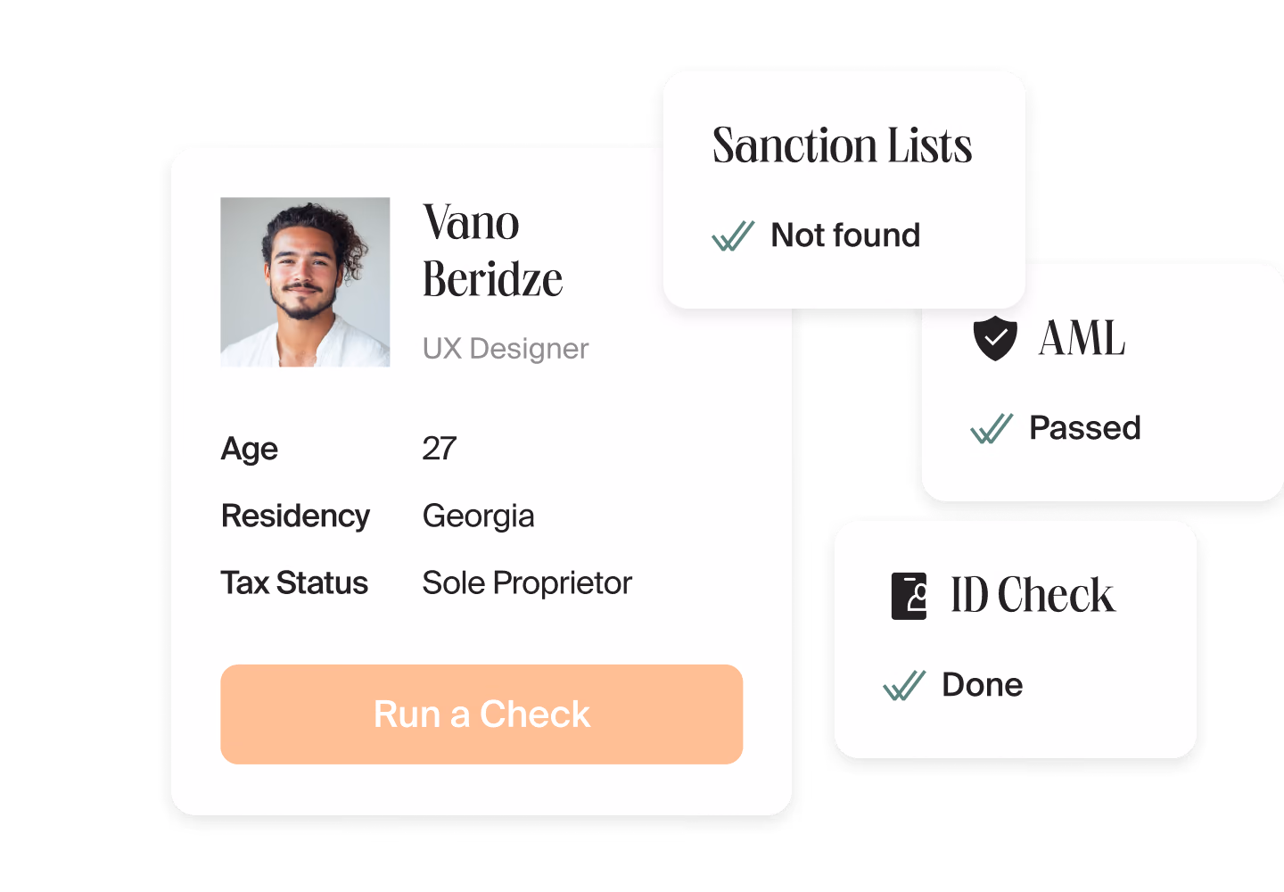 Contractor profile with sanction list, AML and ID check results marked as passed