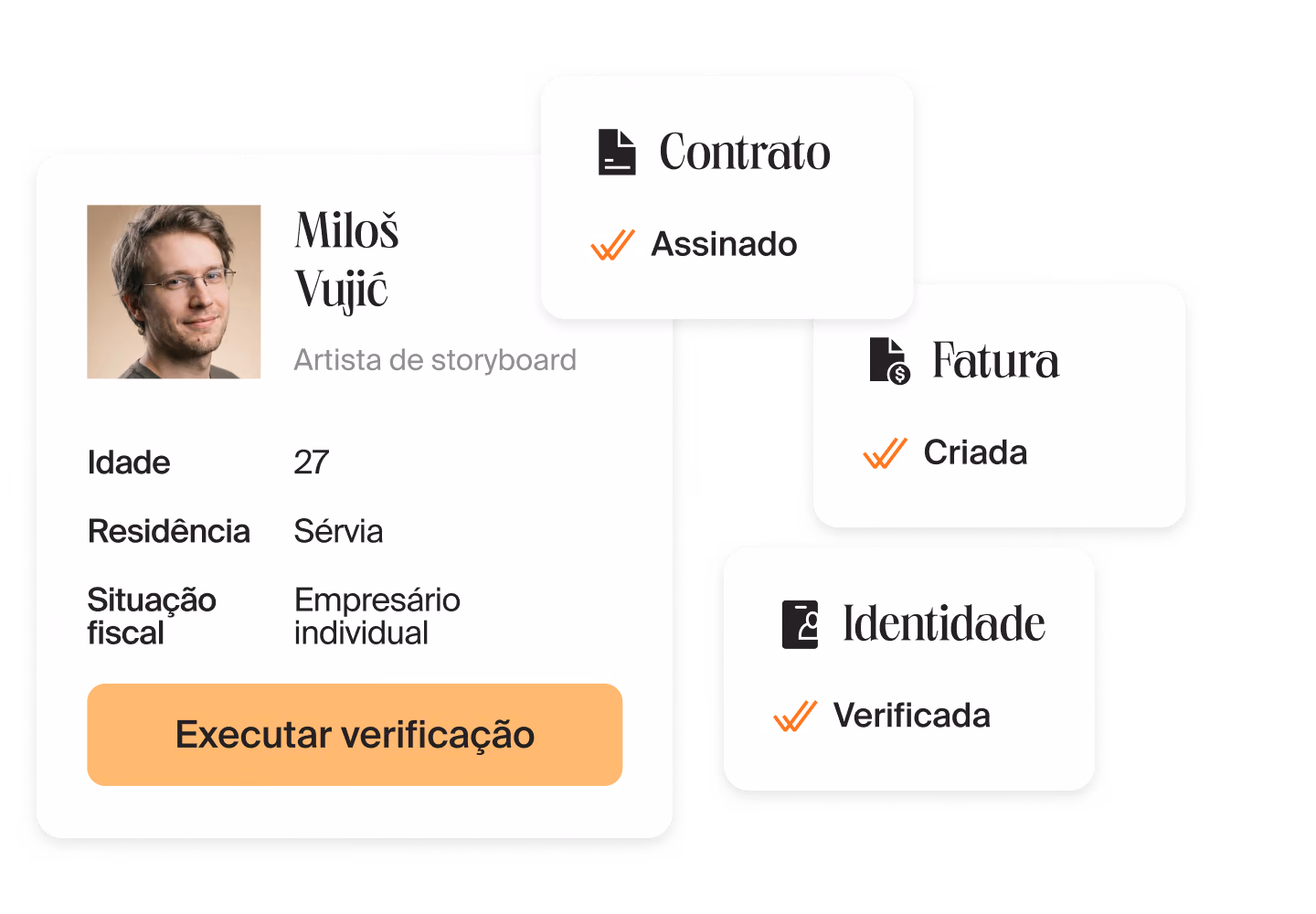 Perfil de um freelancer na Mellow com o botão Executar verificação ao lado de cartões de contrato assinado, fatura criada e identidade verificada