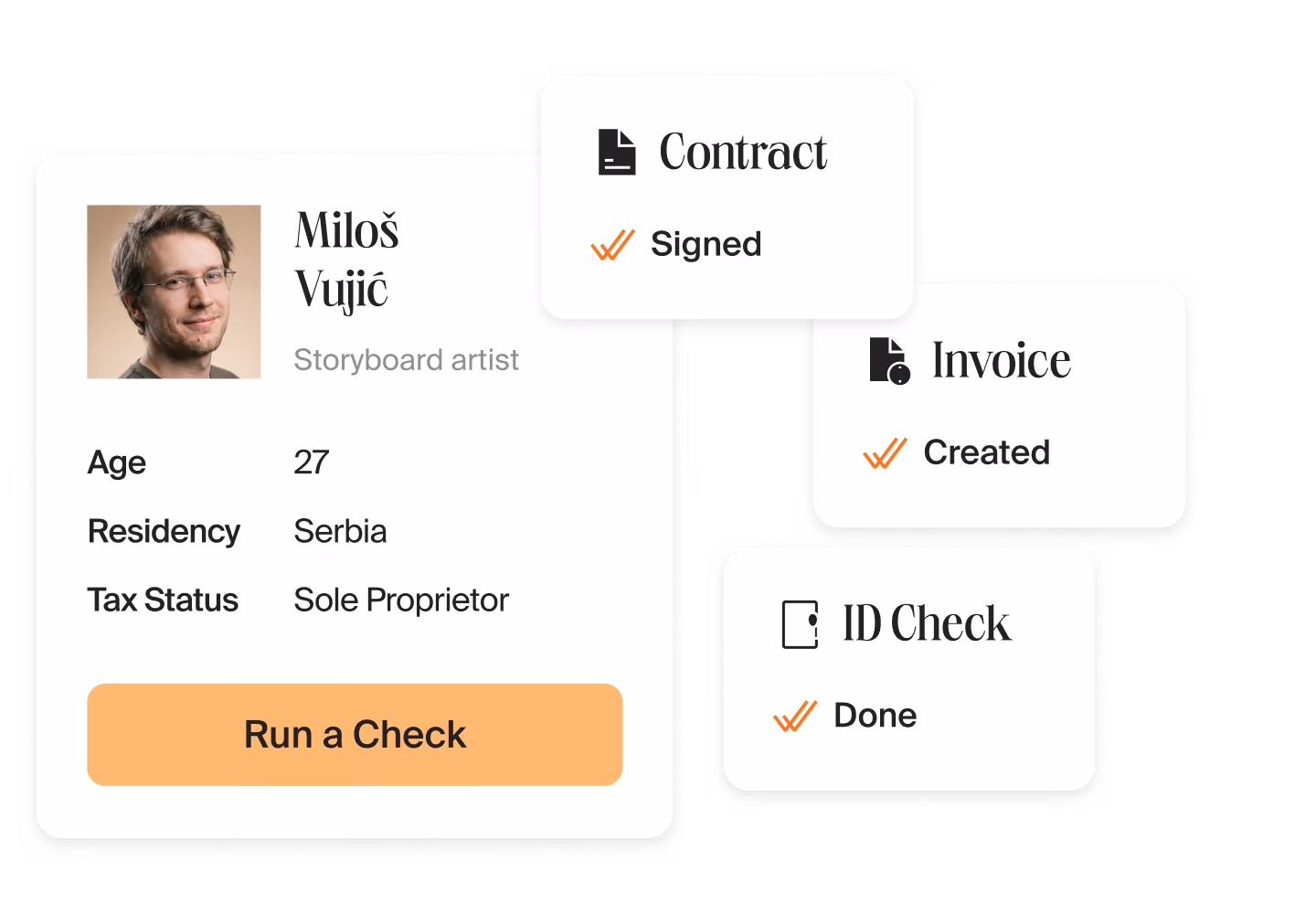 Contractor profile of a storyboard artist in Mellow with a Run a Check button next to cards for a signed contract, a created invoice and a passed ID check