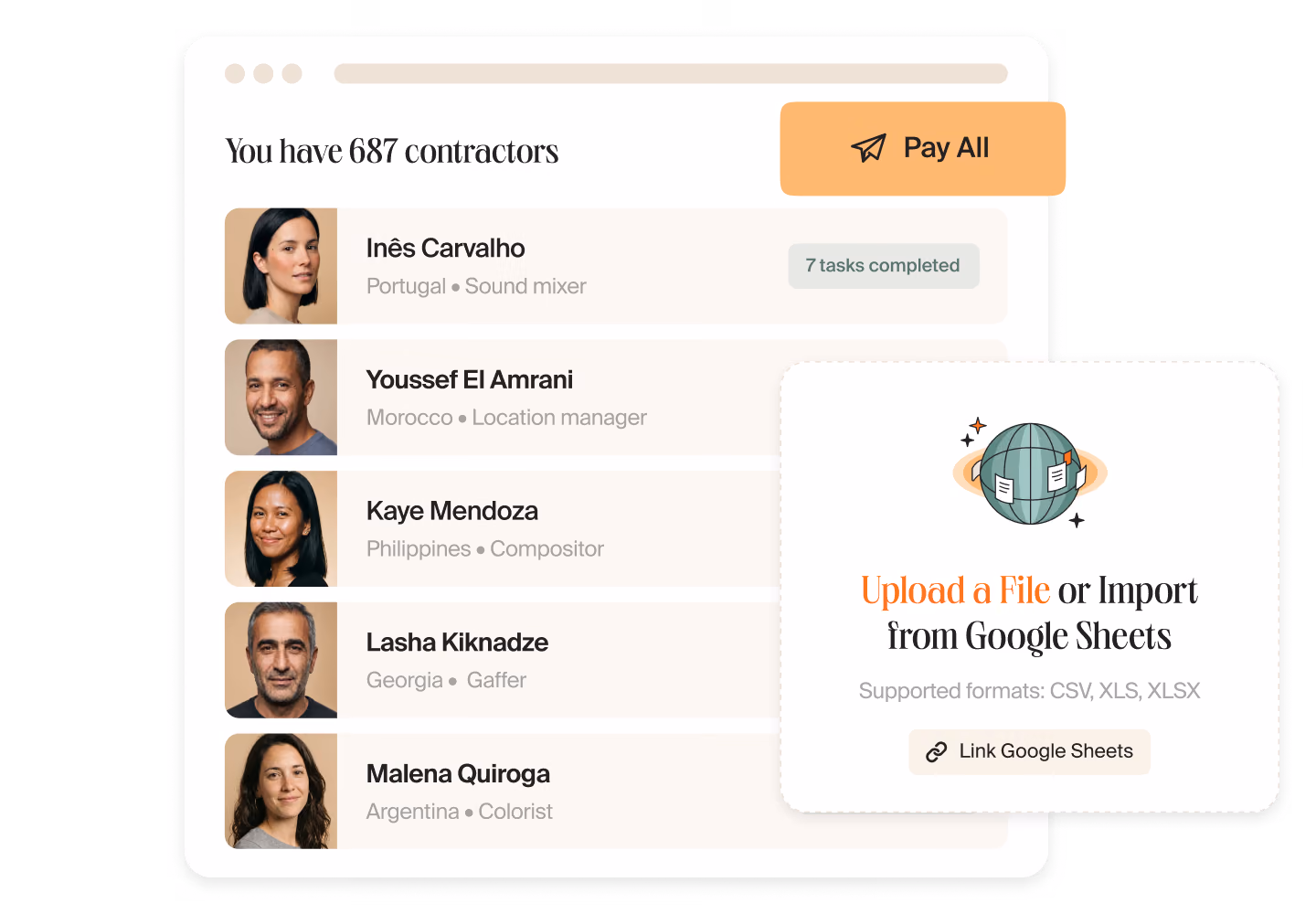 Mellow dashboard listing 687 contractors with a Pay All button and a card for importing a contractor list from a file or Google Sheets